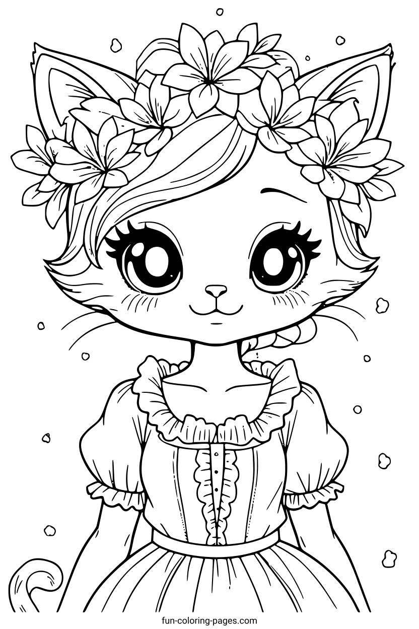 Adorable Cat with Flower Crown – free printable coloring page, available as PDF and SVG