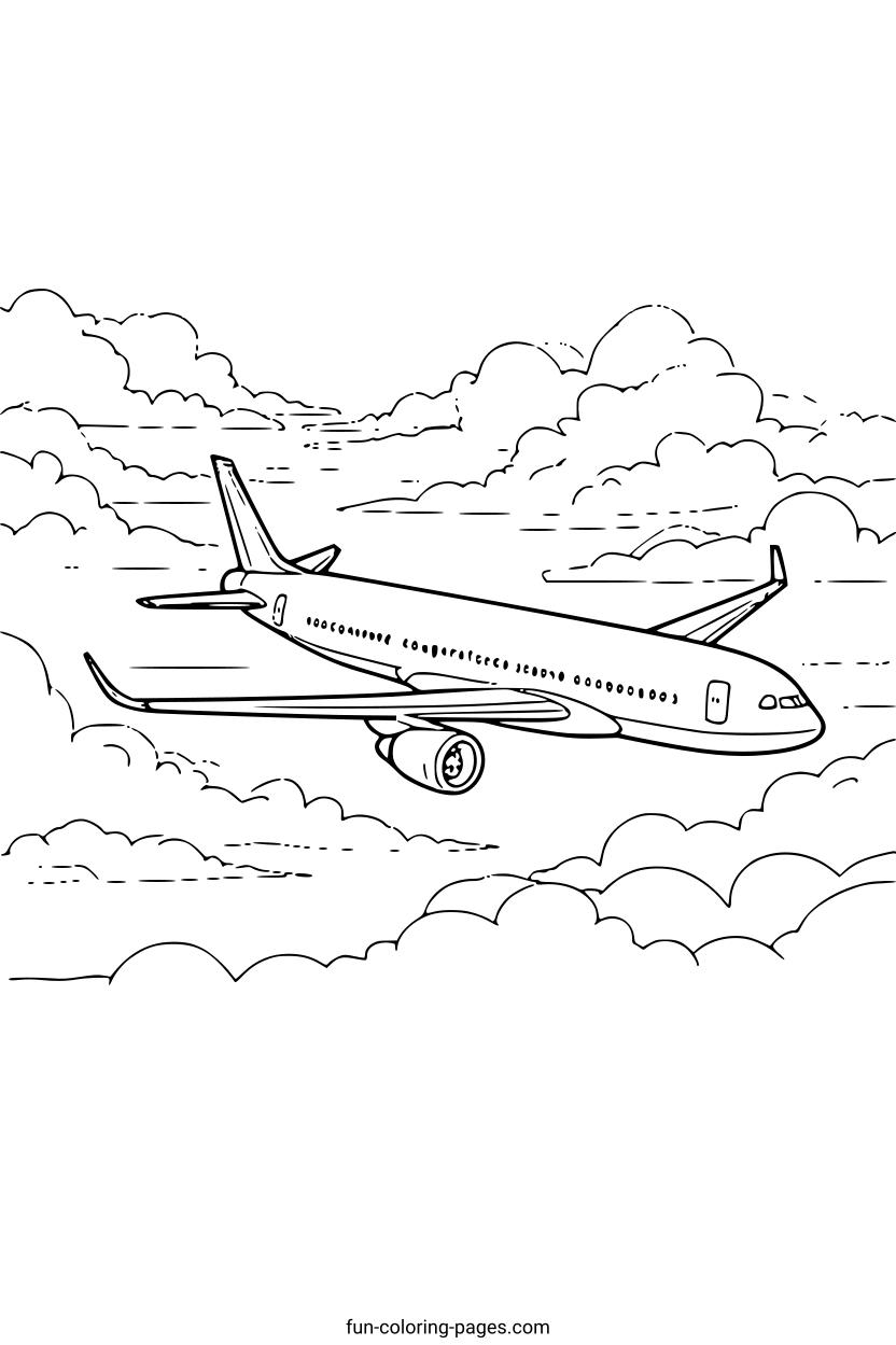 Airplane Flying Through Clouds – free printable coloring page, available as PDF and SVG