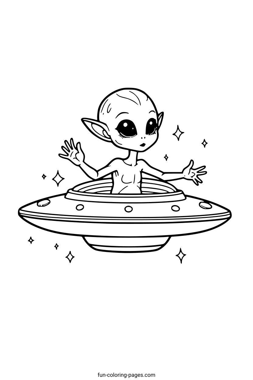 Alien in Flying Saucer – free printable coloring page, available as PDF and SVG