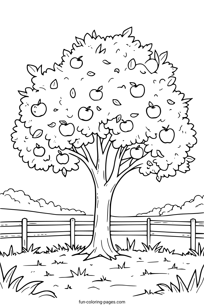 Apple Tree In A Field – free printable coloring page, available as PDF and SVG