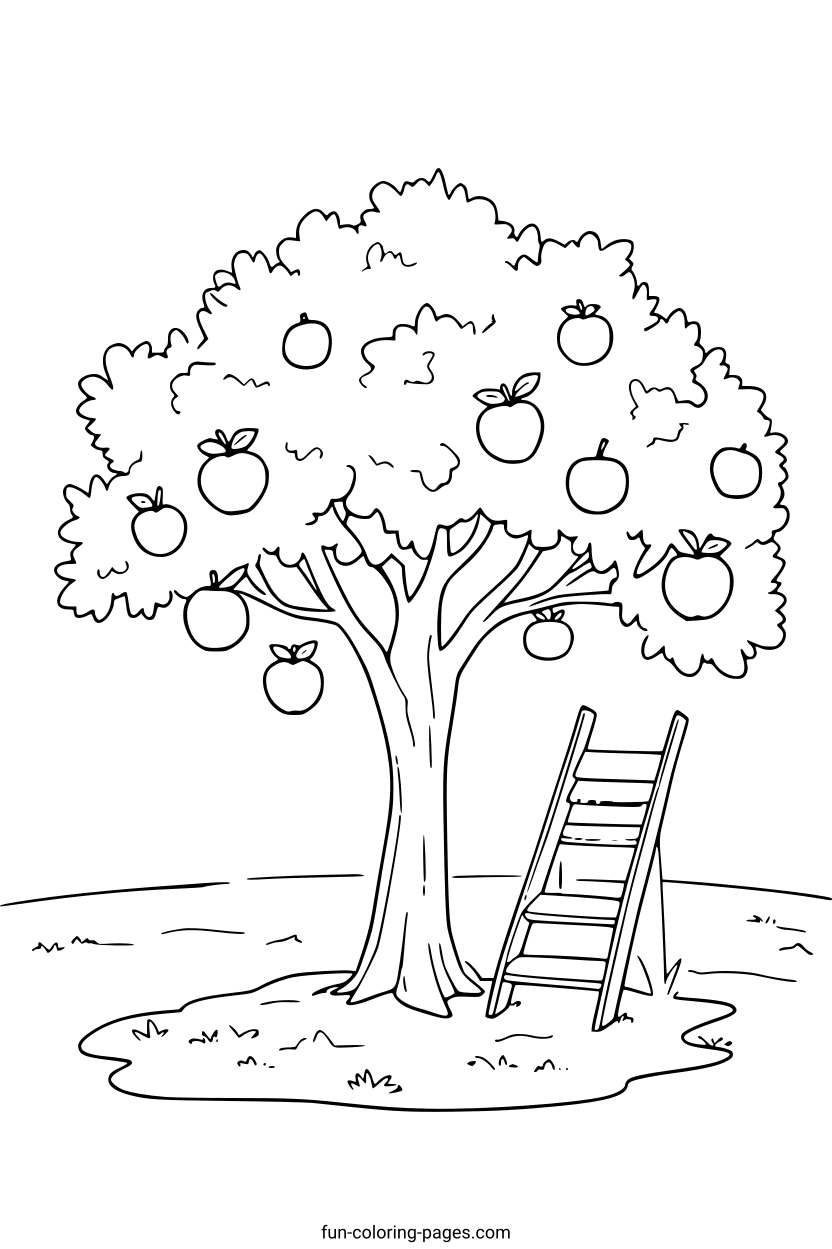 Apple Tree with Ladder – free printable coloring page, available as PDF and SVG