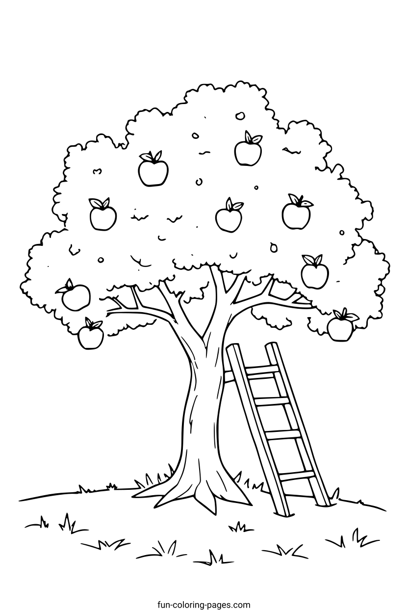 Apple Tree with Ladder – free printable coloring page, available as PDF and SVG