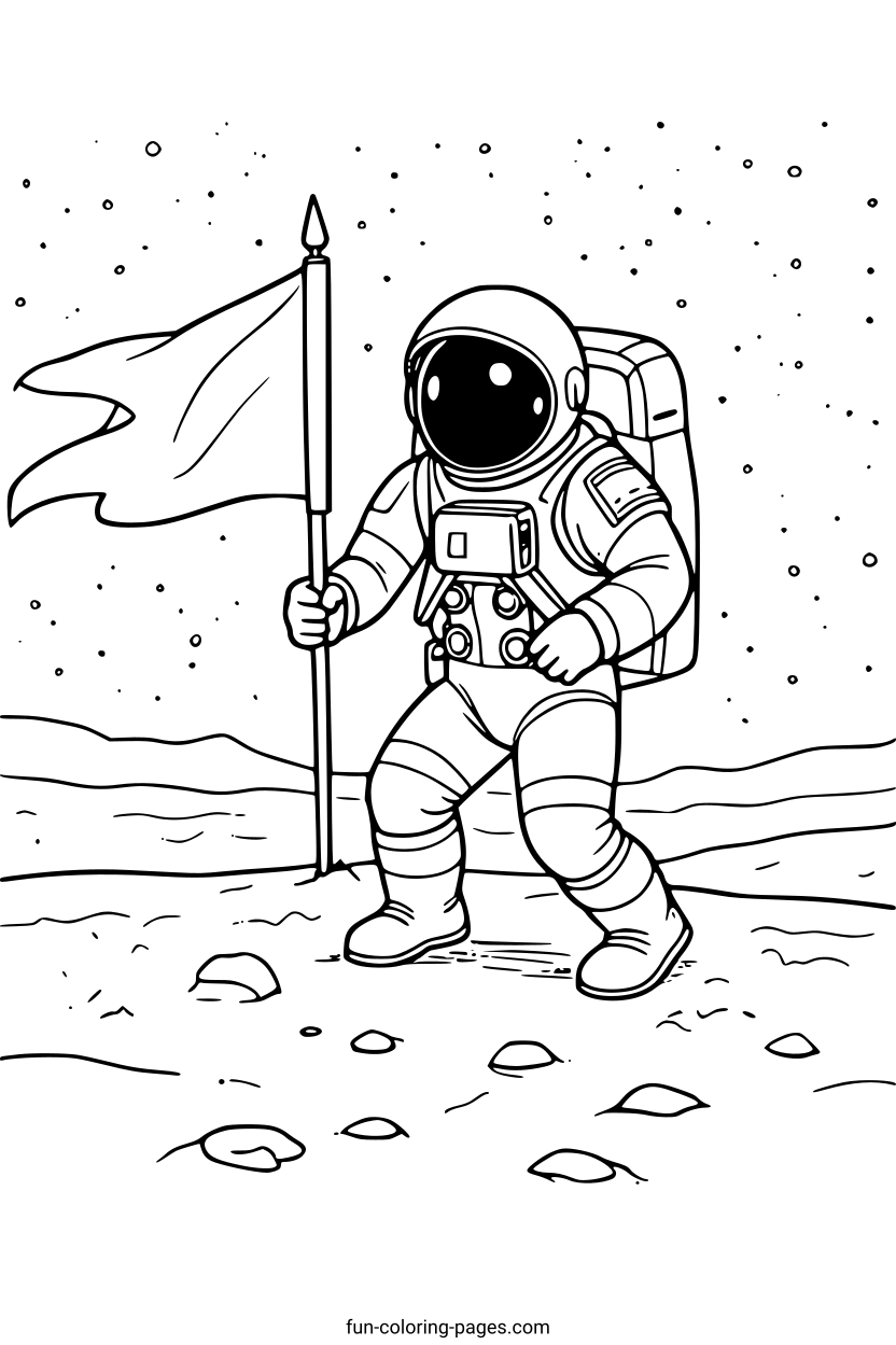 Astronaut Planting Flag on Moon – free printable coloring page, available as PDF and SVG