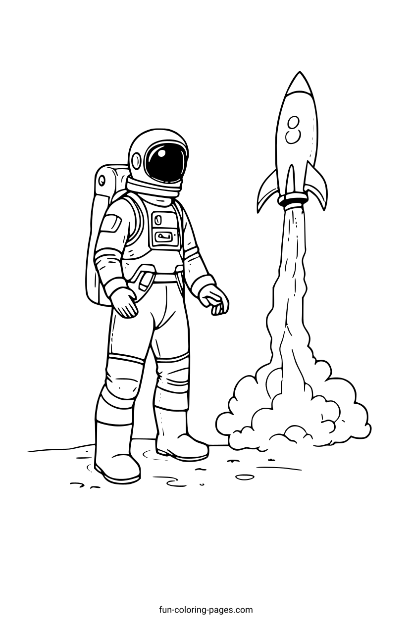 Astronaut Watching Rocket Launch – free printable coloring page, available as PDF and SVG