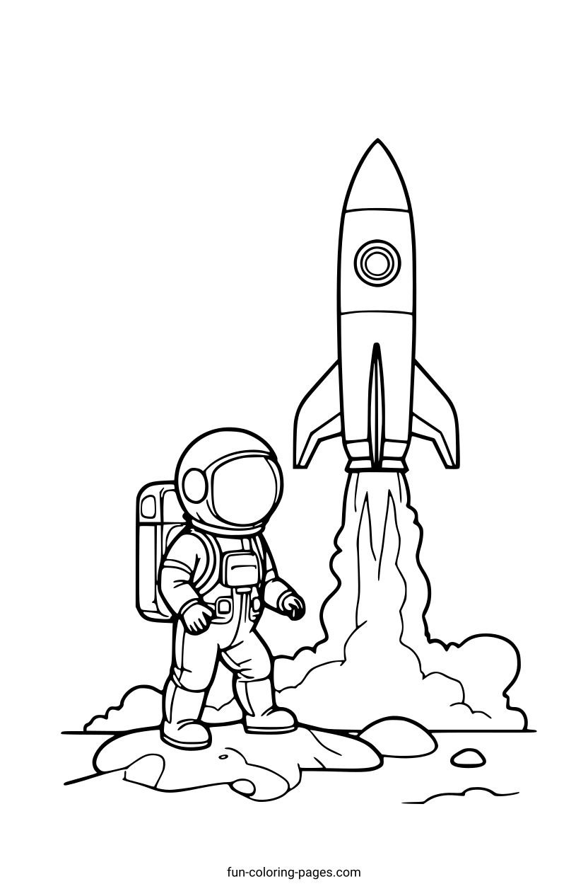 Astronaut Watching Rocket Launch – free printable coloring page, available as PDF and SVG