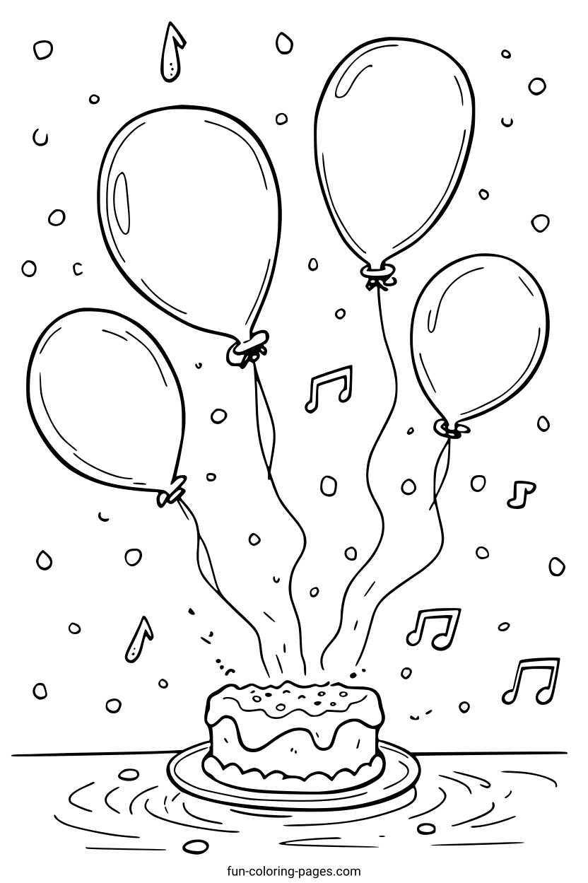 Balloon Party with Cake – free printable coloring page, available as PDF and SVG