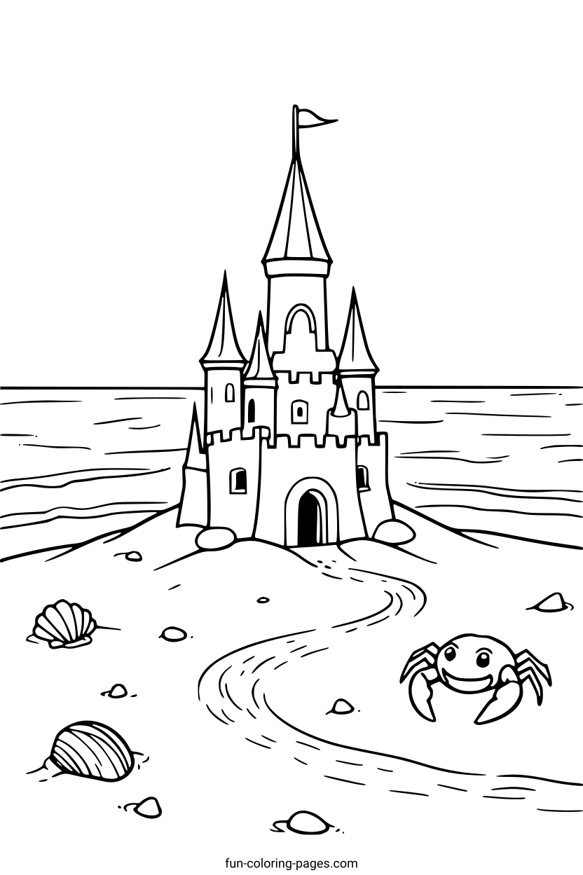 Beach Castle with Smiling Crab – free printable coloring page, available as PDF and SVG