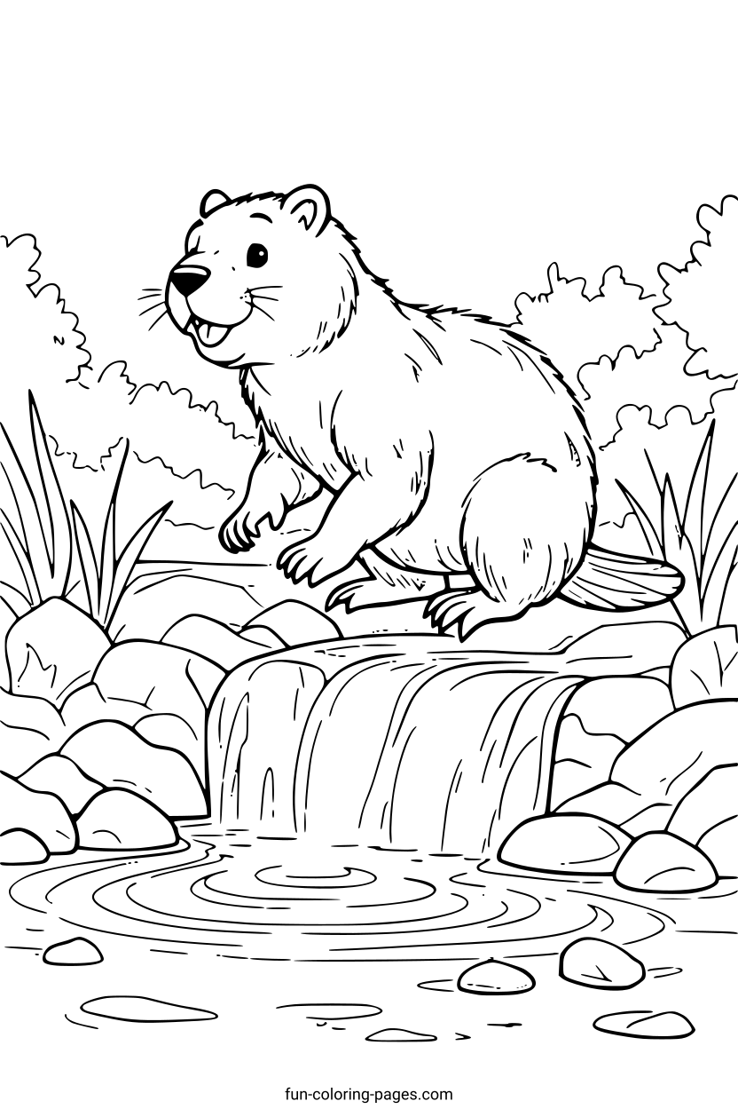 Beaver on a Rock by a Waterfall – free printable coloring page, available as PDF and SVG