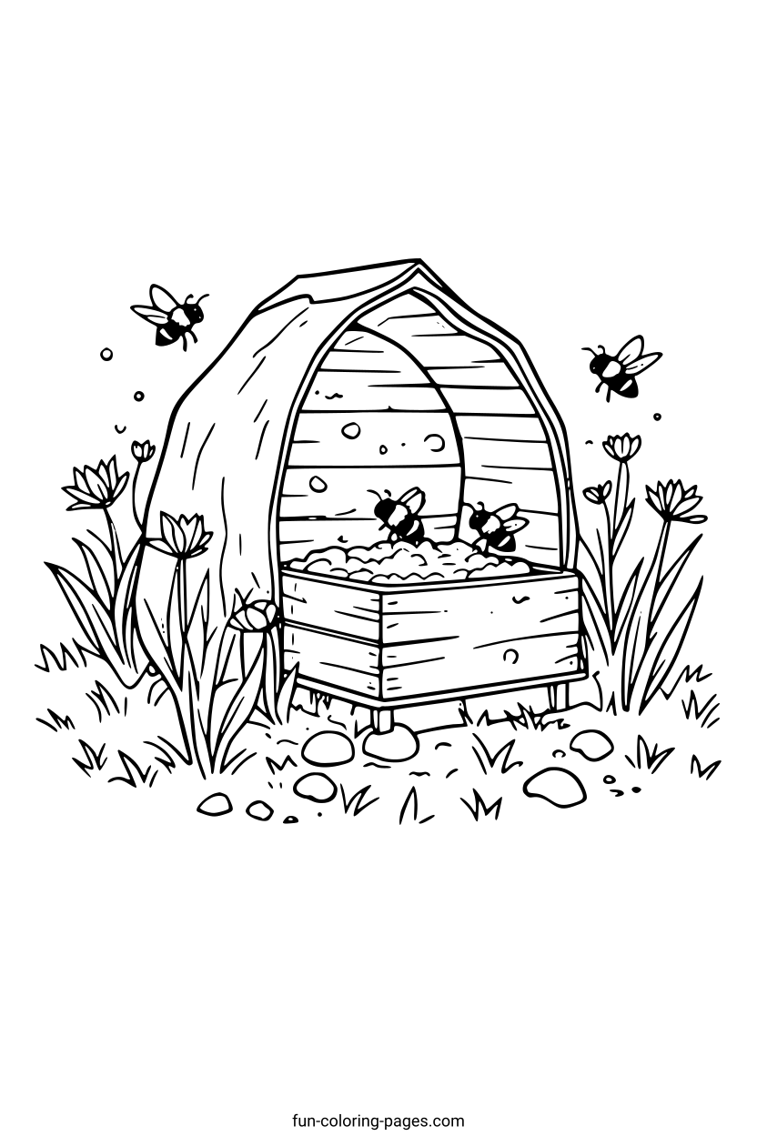 Bee Hive in a Garden – free printable coloring page, available as PDF and SVG