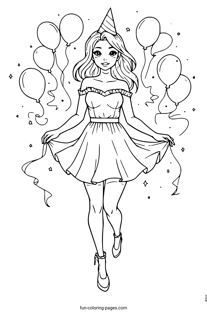 Birthday Girl with Balloons – free printable coloring page, available as PDF and SVG