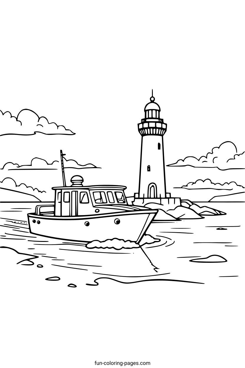 Boat Near Coastal Lighthouse – free printable coloring page, available as PDF and SVG