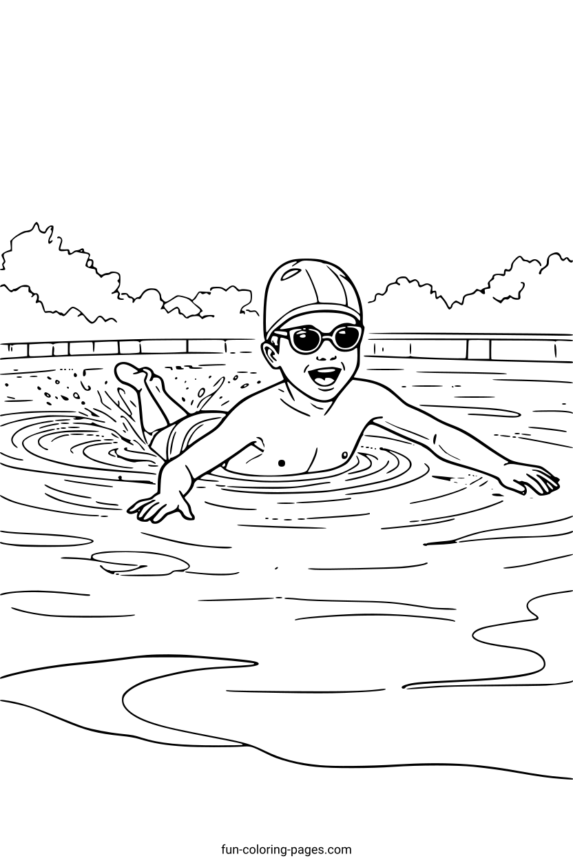 Boy Learning to Swim – free printable coloring page, available as PDF and SVG