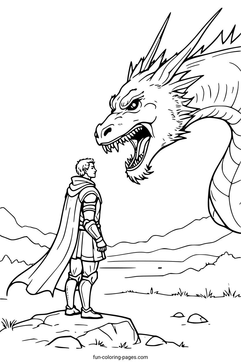 Brave Knight Facing Dragon – free printable coloring page, available as PDF and SVG