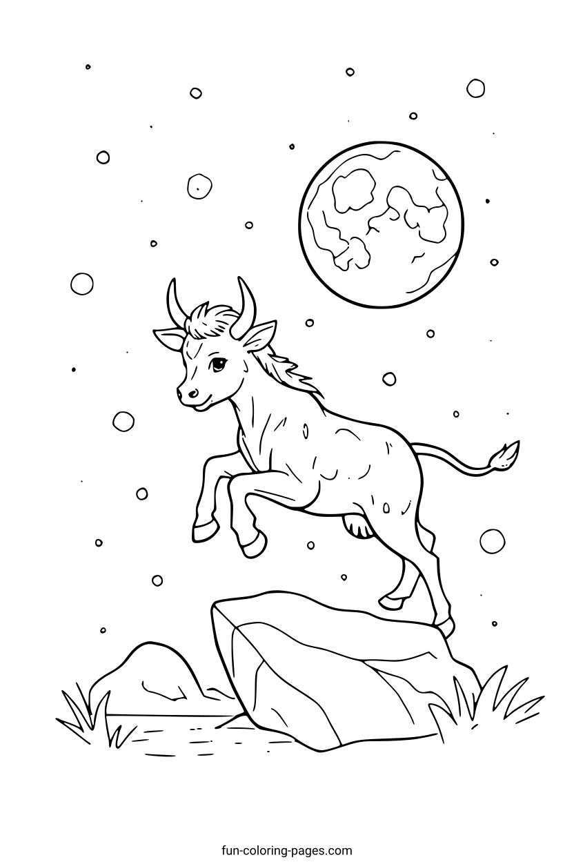 Bull Jumping Under Moon – free printable coloring page, available as PDF and SVG