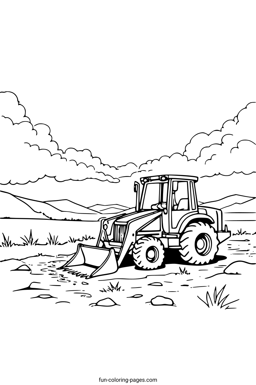 Bulldozer in Rural Landscape – free printable coloring page, available as PDF and SVG