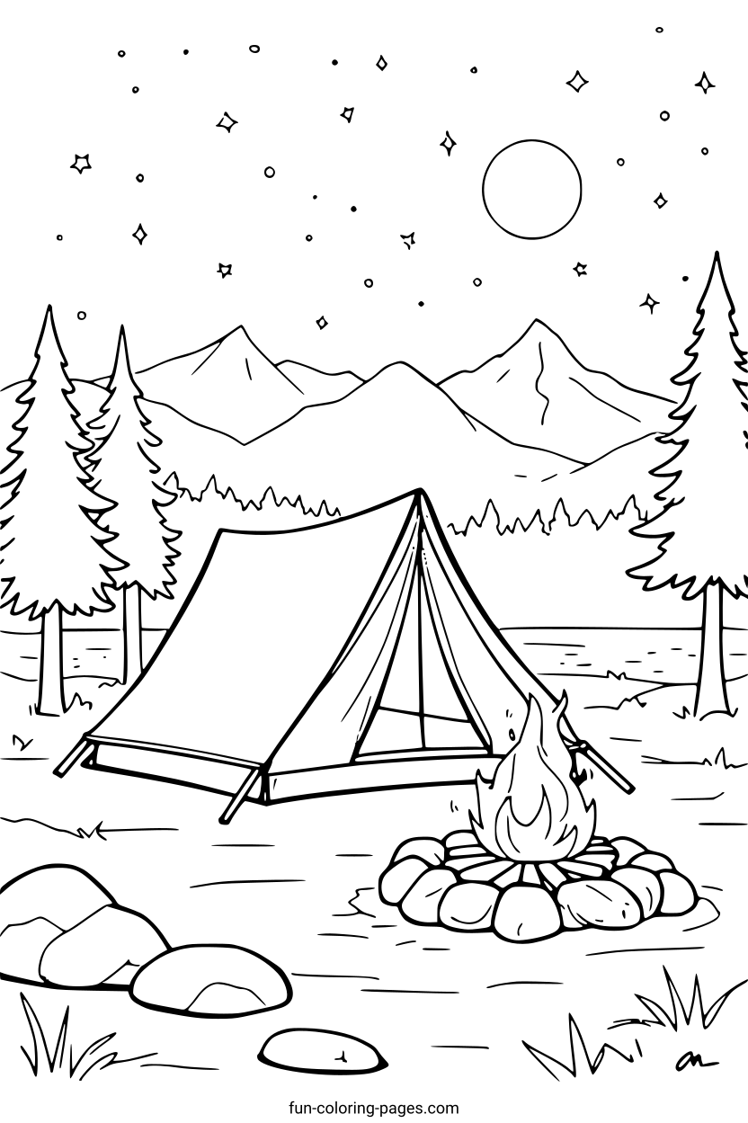 Camping Under Moonlight – free printable coloring page, available as PDF and SVG