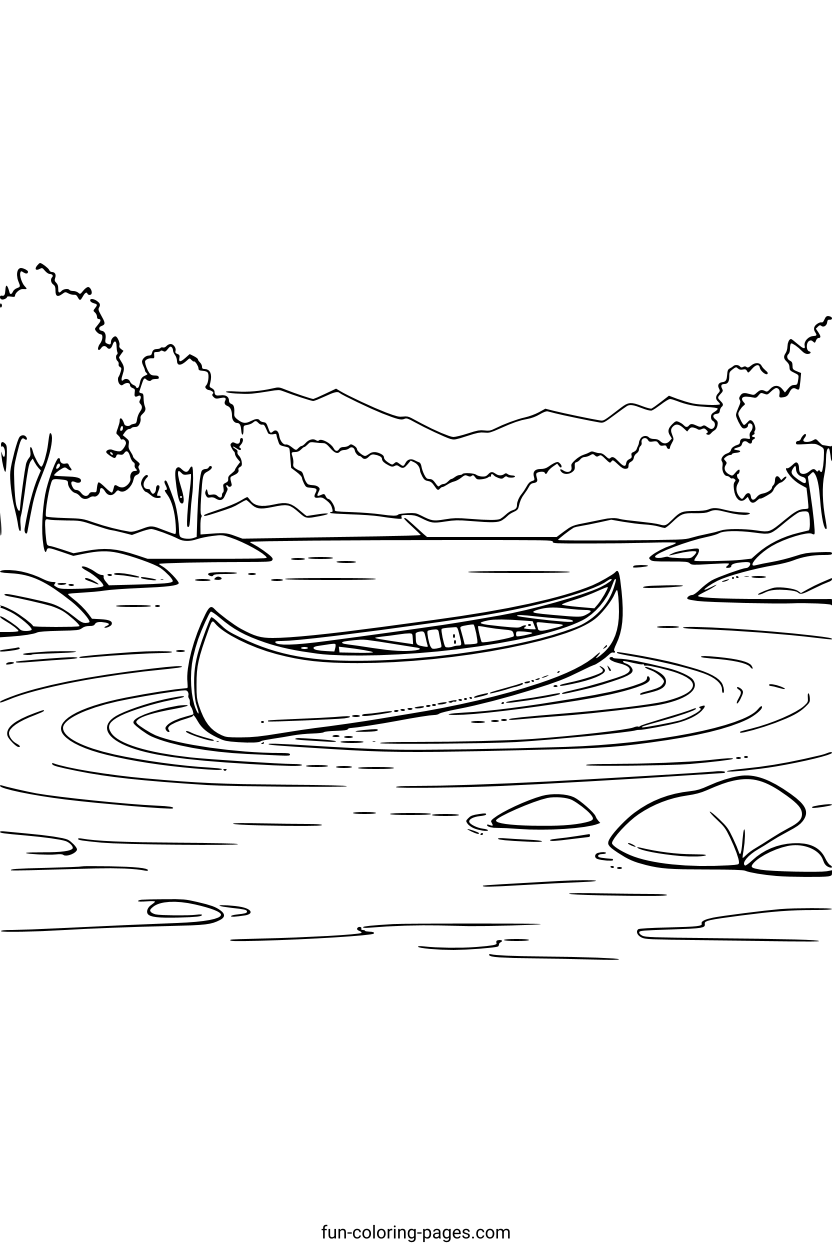 Canoe on Serene Lake – free printable coloring page, available as PDF and SVG