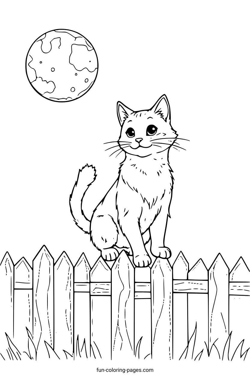 Cat on a Fence with Moon – free printable coloring page, available as PDF and SVG