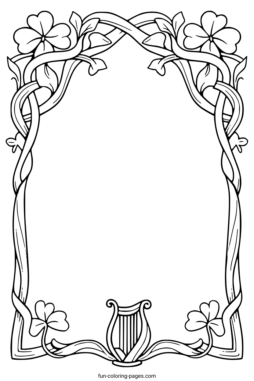 Celtic Harp Border Frame – free printable coloring page, available as PDF and SVG