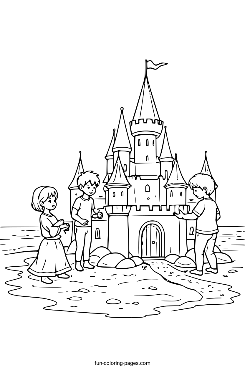 Children Near a Hue Sand Castle – free printable coloring page, available as PDF and SVG