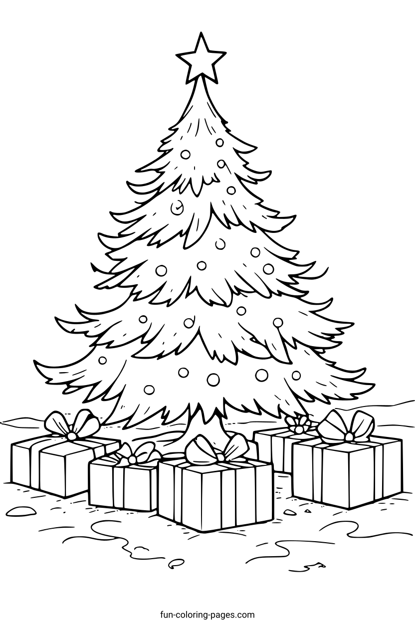 Christmas Tree With Gifts – free printable coloring page, available as PDF and SVG