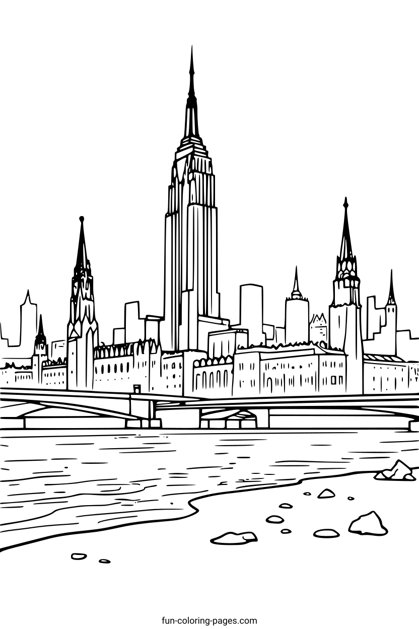 City Skyline With Bridge – free printable coloring page, available as PDF and SVG