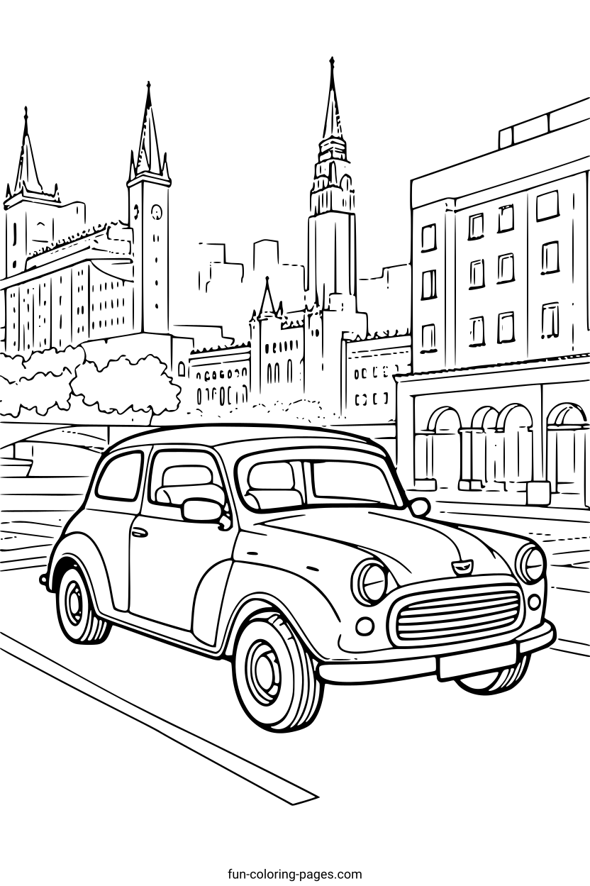 City Skyline with Vintage Car – free printable coloring page, available as PDF and SVG