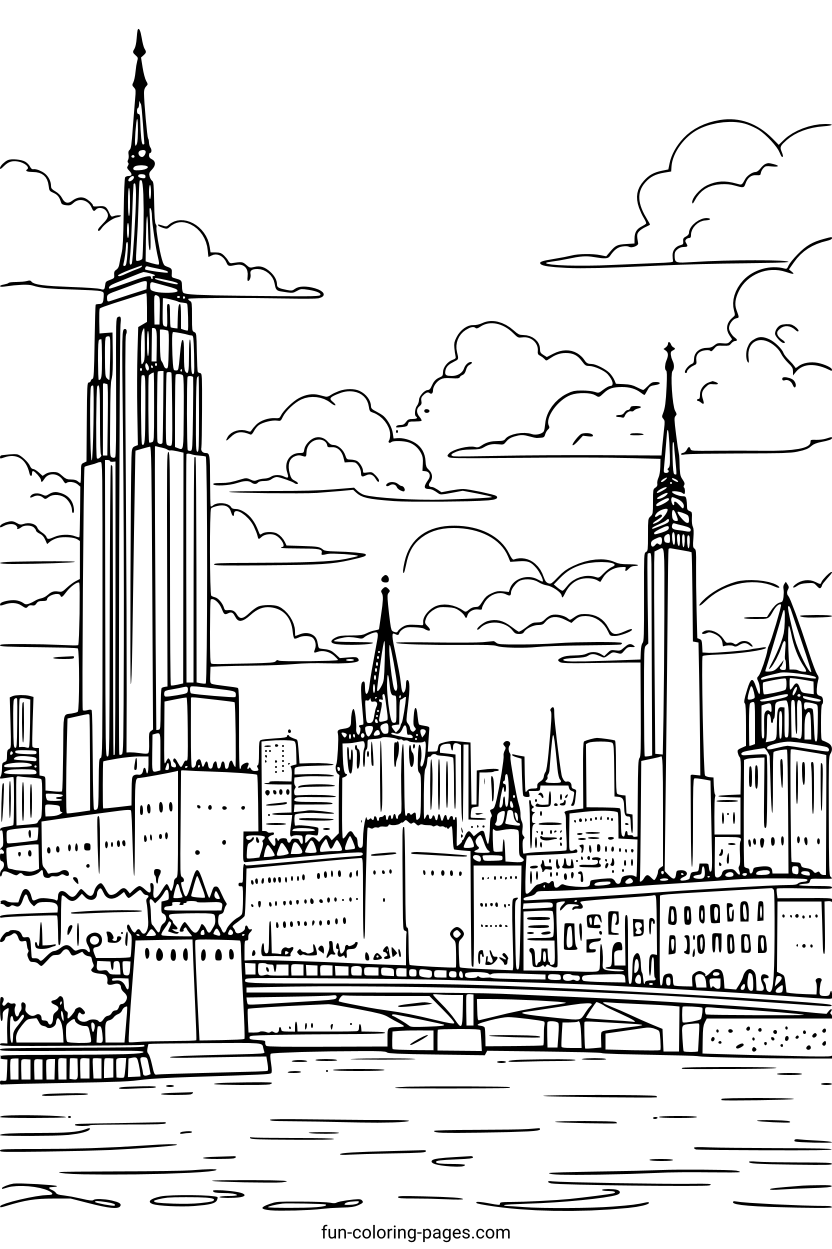 Cityscape With Iconic Towers – free printable coloring page, available as PDF and SVG