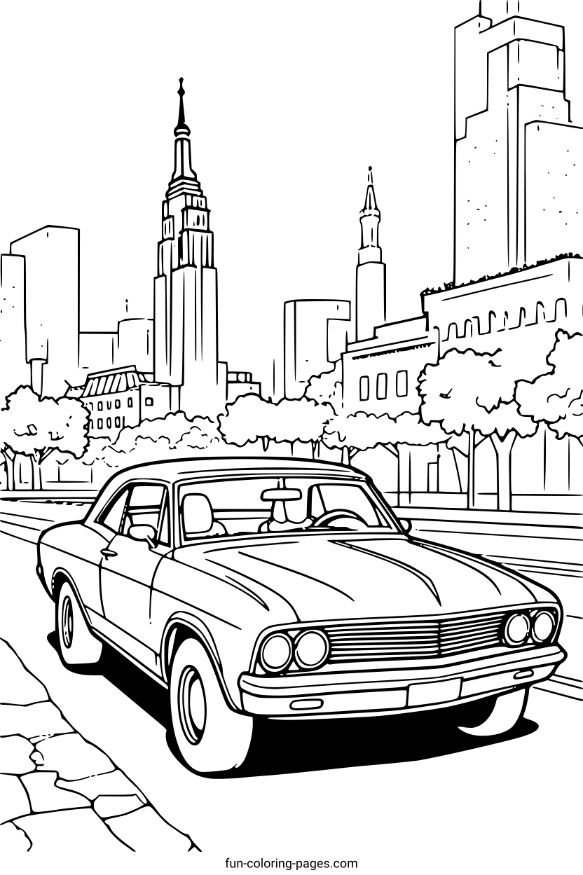Classic Car in Cityscape – free printable coloring page, available as PDF and SVG