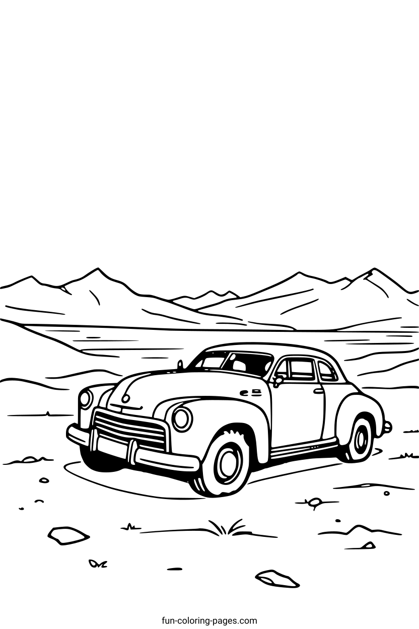 Classic Car in Desert – free printable coloring page, available as PDF and SVG