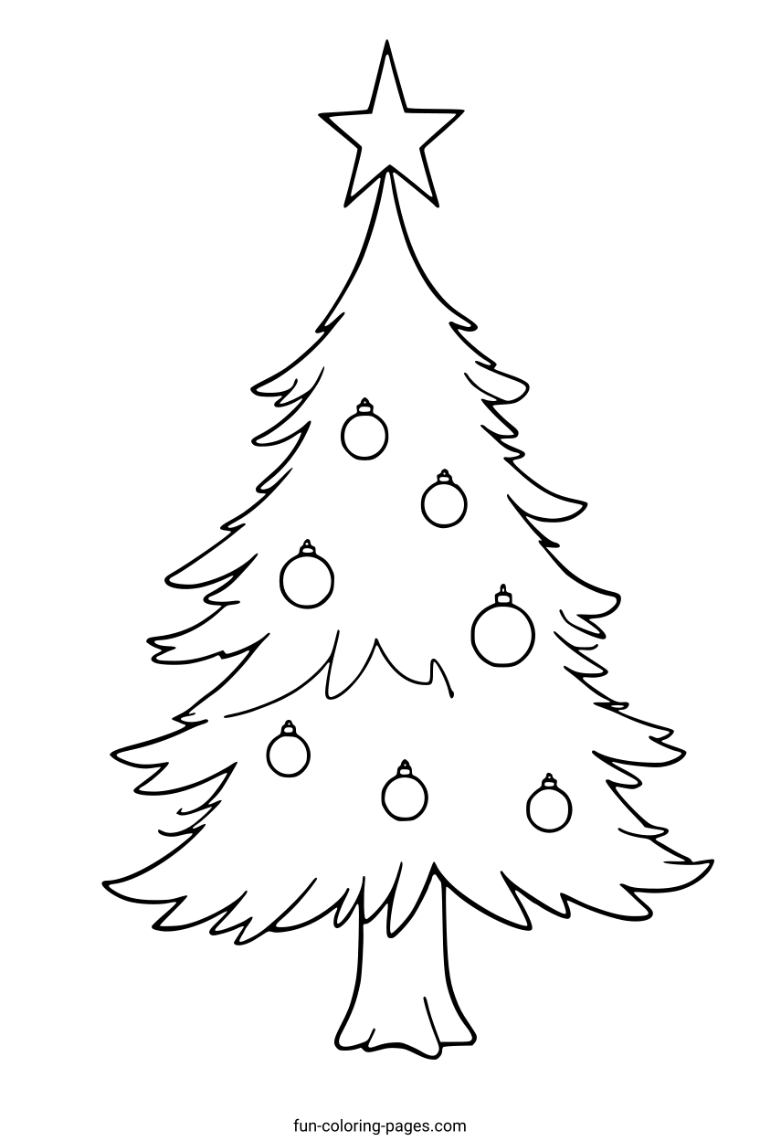 Classic Christmas Tree with Ornaments – free printable coloring page, available as PDF and SVG