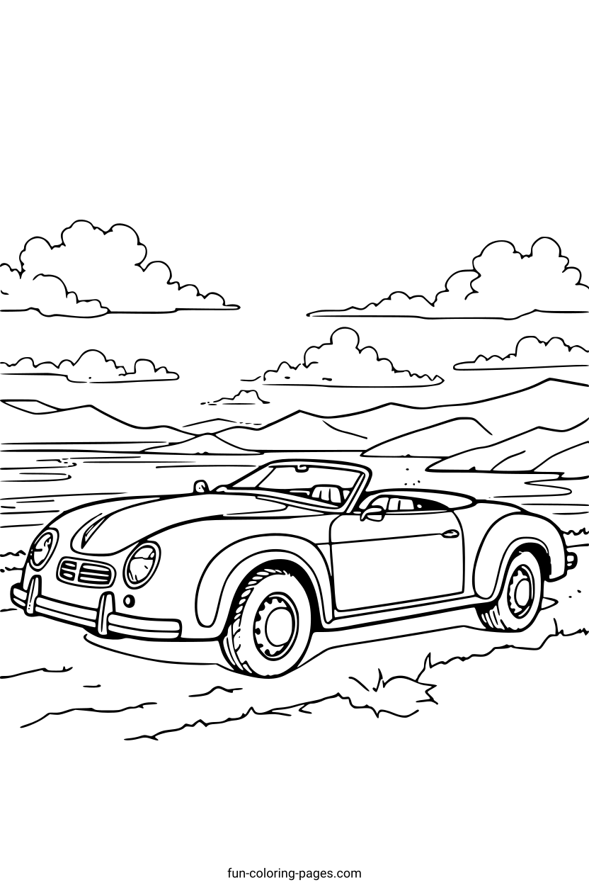 Classic Convertible Cruising Desert – free printable coloring page, available as PDF and SVG