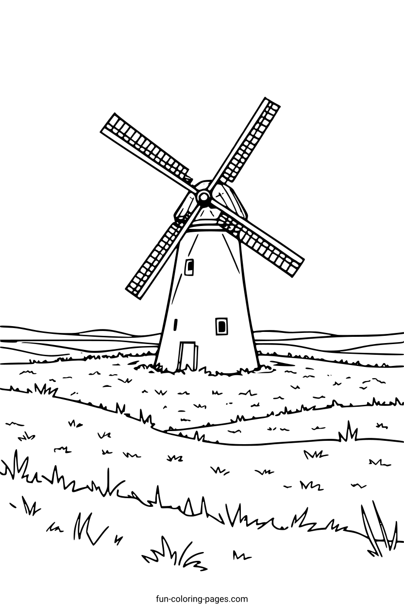 Classic Windmill in Landscape – free printable coloring page, available as PDF and SVG