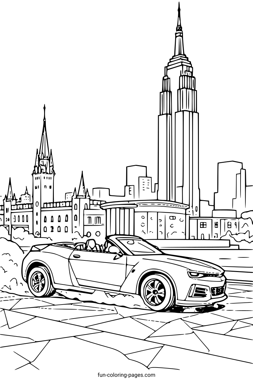 Convertible Car in Cityscape – free printable coloring page, available as PDF and SVG
