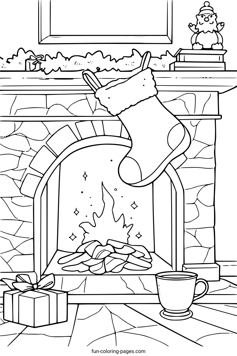 Cozy Christmas Fireplace – free printable coloring page, available as PDF and SVG