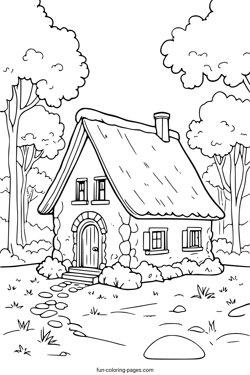 Cozy Stone Cottage in the Woods – free printable coloring page, available as PDF and SVG