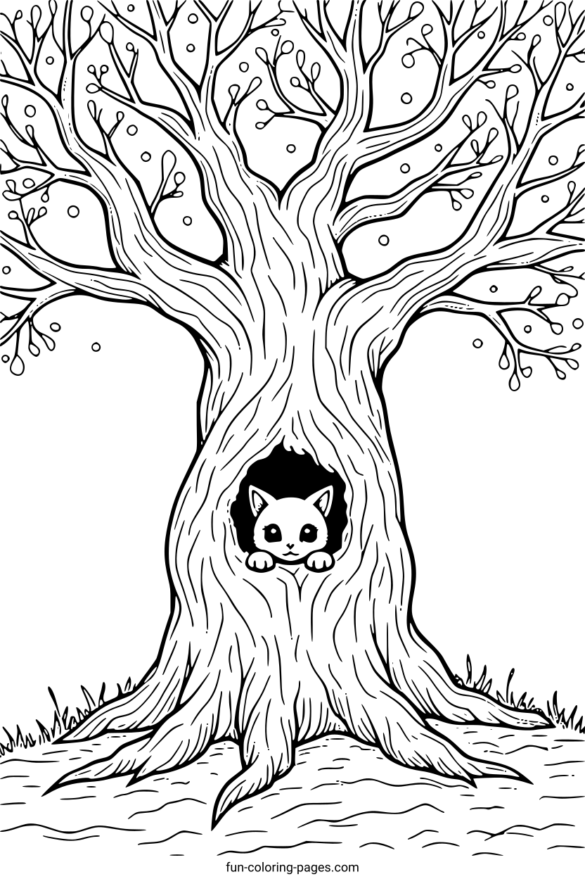 Crooked Tree with Peeking Cat – free printable coloring page, available as PDF and SVG