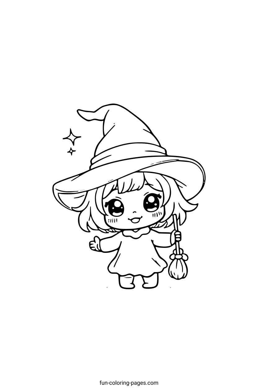 Cute Child Dressed as a Witch – free printable coloring page, available as PDF and SVG