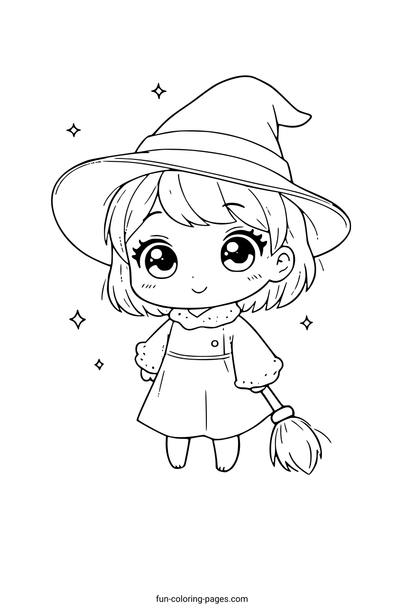 Cute Child Witch with Broom – free printable coloring page, available as PDF and SVG