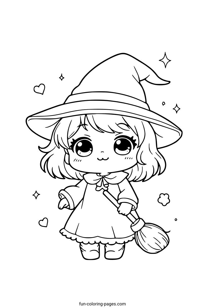 Cute Child Witch with Broom – free printable coloring page, available as PDF and SVG