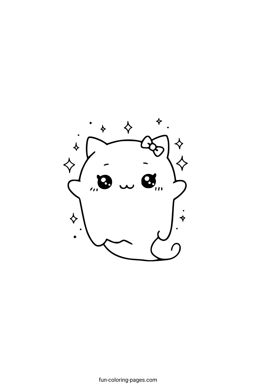 Cute Ghost Cat with Bow – free printable coloring page, available as PDF and SVG