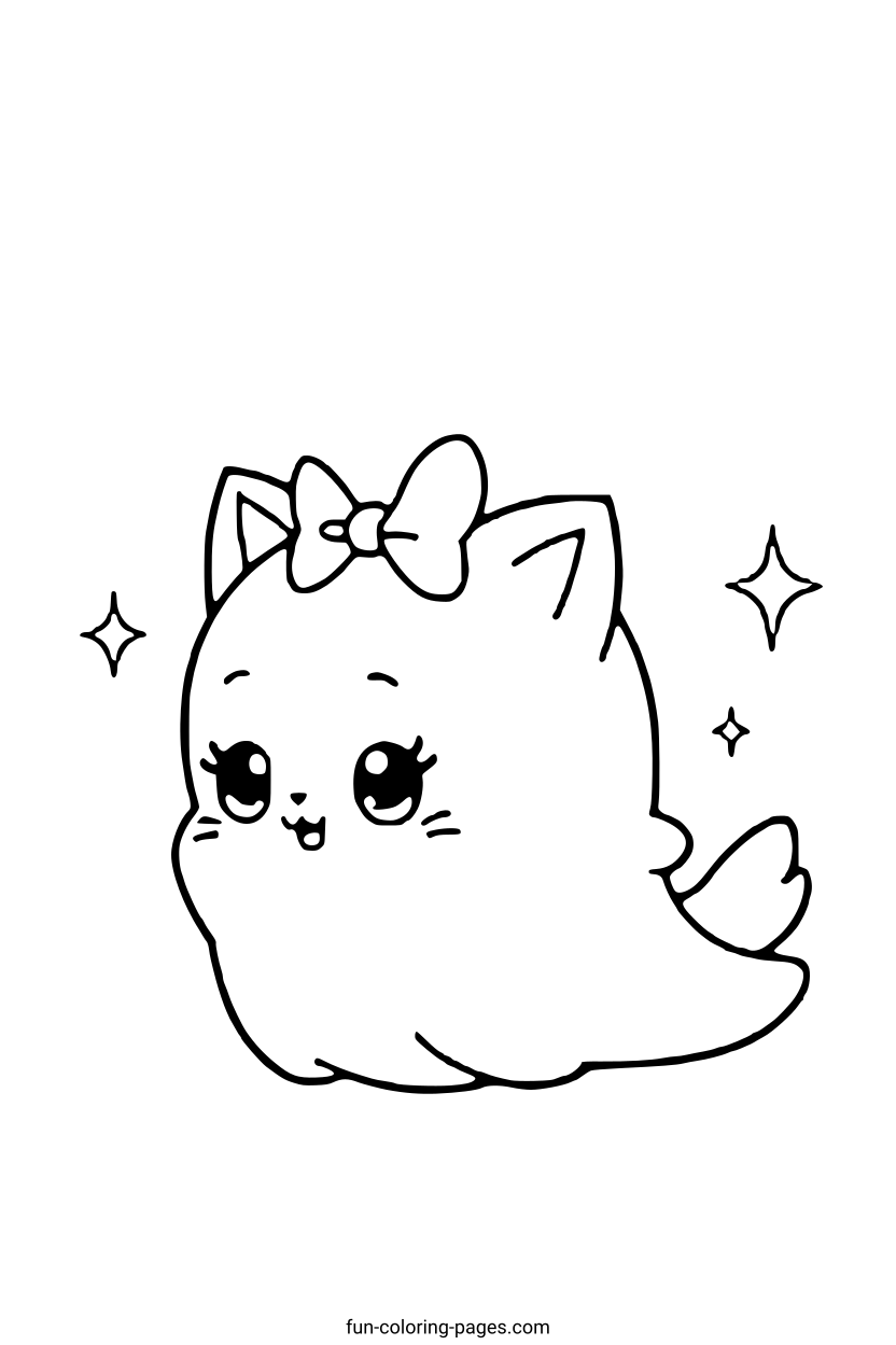 Cute Ghost Cat with Bow – free printable coloring page, available as PDF and SVG