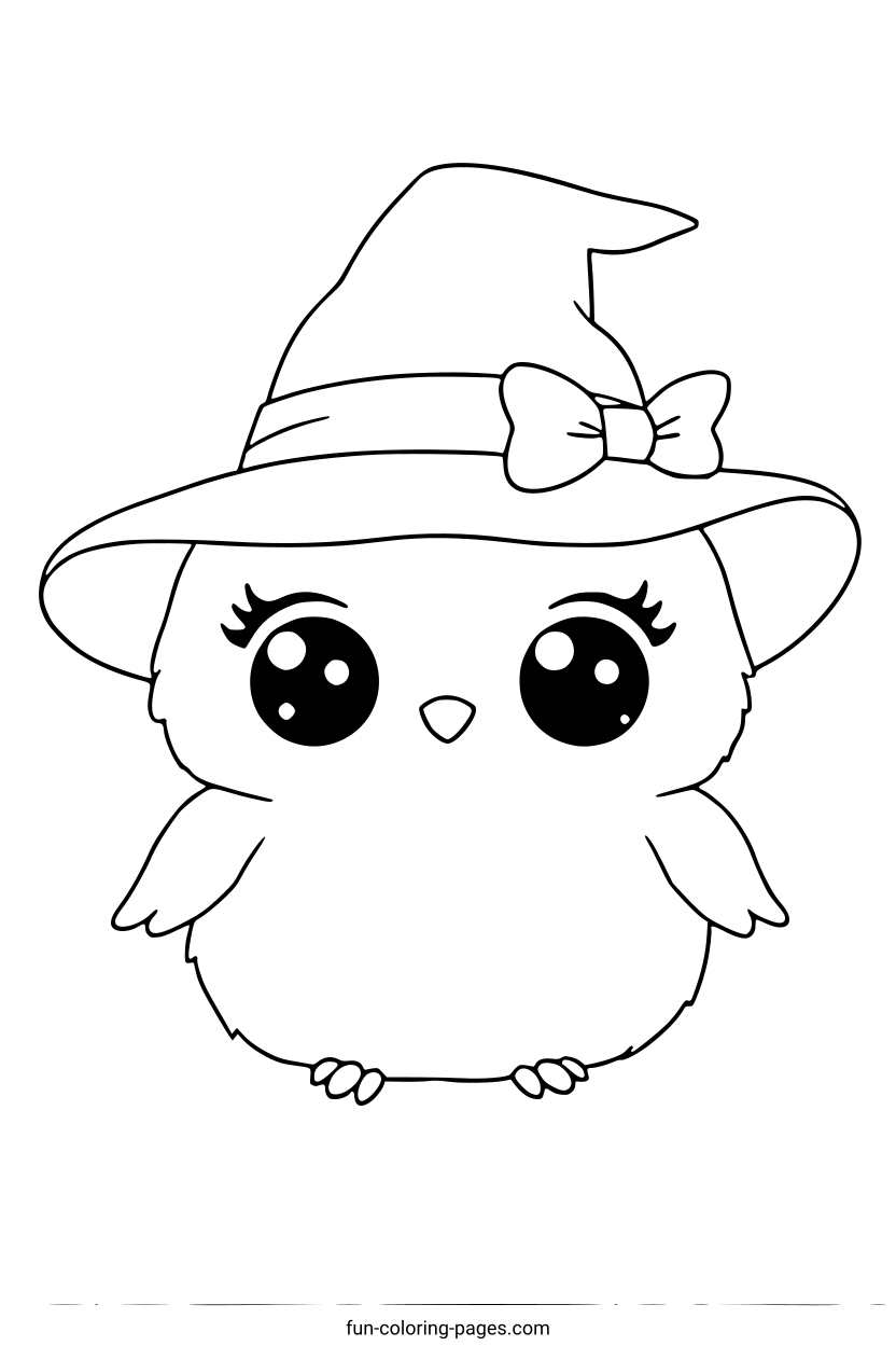 Cute Owl in a Witch Hat – free printable coloring page, available as PDF and SVG