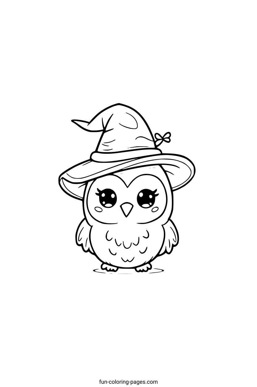 Cute Owl in a Witch Hat – free printable coloring page, available as PDF and SVG