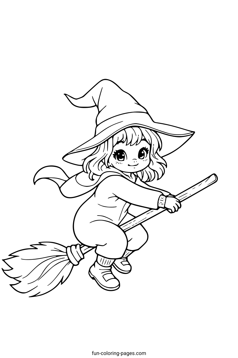 Cute Witch on Broomstick – free printable coloring page, available as PDF and SVG