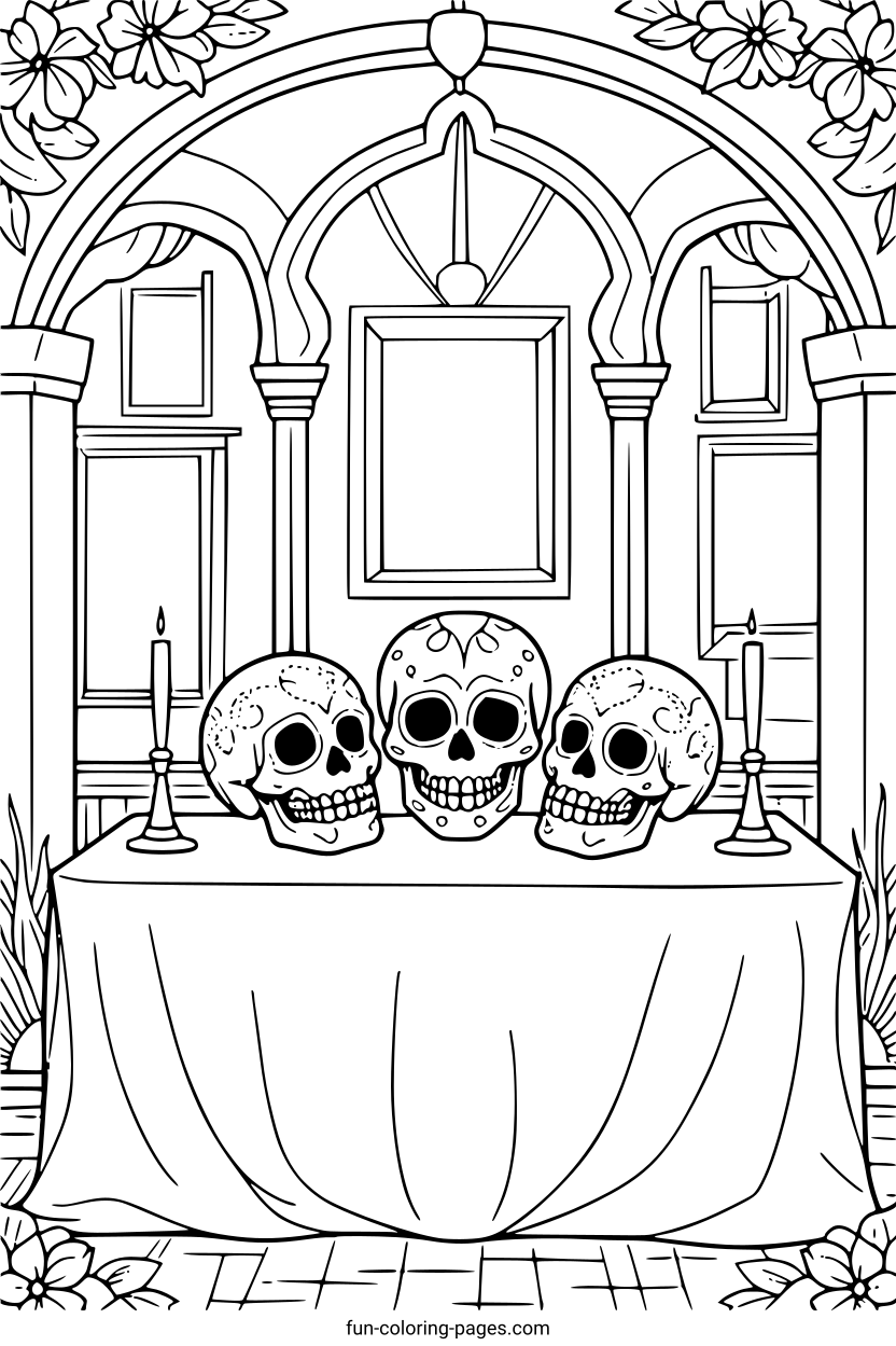 Day Of The Dead Altar – free printable coloring page, available as PDF and SVG