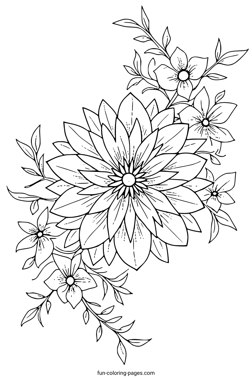 Detailed Floral Bouquet – free printable coloring page, available as PDF and SVG