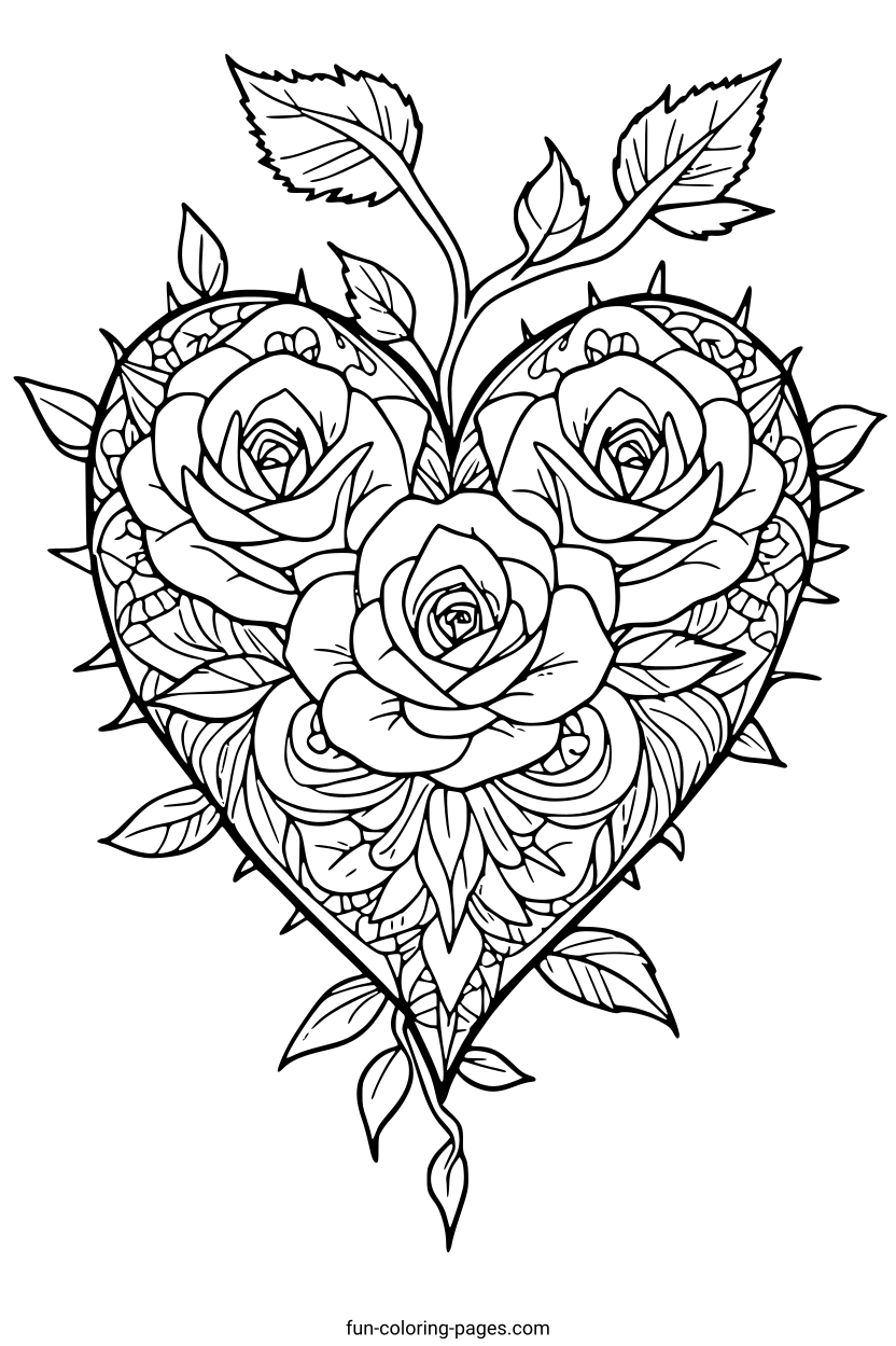Detailed Heart with Roses – free printable coloring page, available as PDF and SVG
