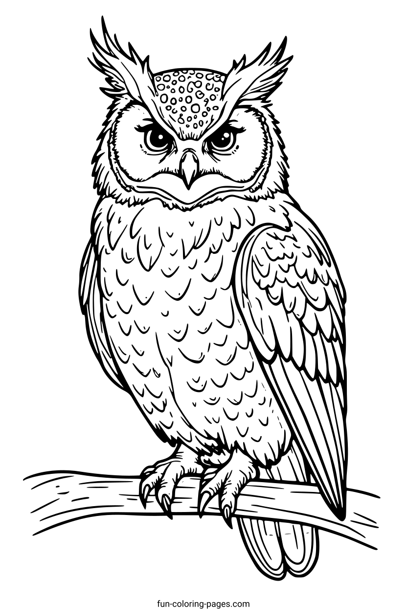 Detailed Owl Perched on Branch – free printable coloring page, available as PDF and SVG