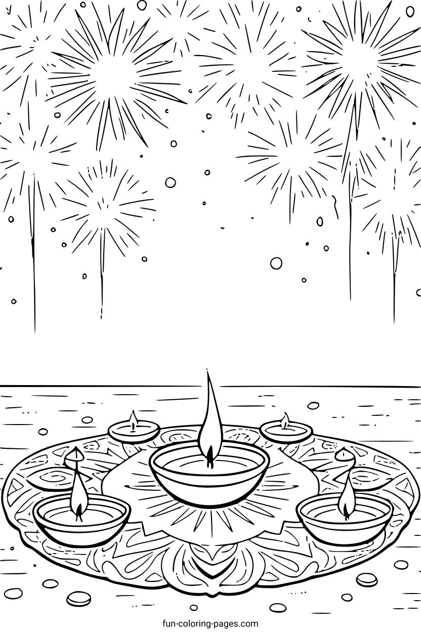 Diwali Celebration with Fireworks – free printable coloring page, available as PDF and SVG